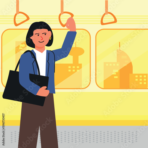 Office worker on train standing during commute