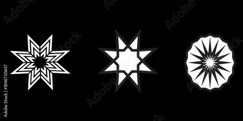 Black Bahai symbol. Bahai star. set. Religious symbol of Bahaism.