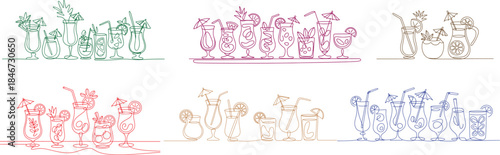 Collection of line drawing  cocktail glass and coconut drink on the white background. Vector illustration. Concept for logo, card, banner, poster, flyer 2