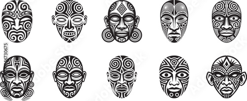 Collection of line drawing Infinity or geometric symbol bold tribal mask with geometric face carvings on the white background, Vector illustration, Sharp black lines, logo, card, banner, poster, flyer