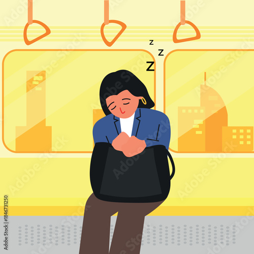 Exhausted worker sleeping on train after work