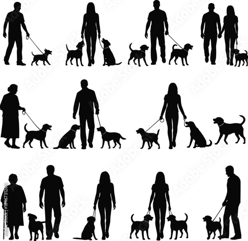 People with dogs silhouette walking interaction pet companionship outdoor activity black icon lifestyle diversity animal bond illustration flat vector