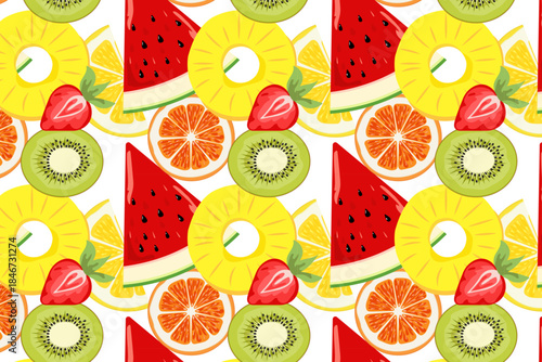A vibrant, seamless pattern bursting with fresh fruit slices—watermelon, pineapple, kiwi, orange, lemon, and strawberry—on a bright white background.