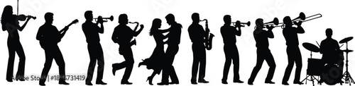 Musical ensemble silhouette dancing instruments jazz band performance entertainment celebration energy black illustration trumpet saxophone drummer joy flat vector