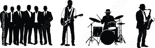 Jazz band silhouette musical ensemble guitar saxophone drummer singer performance entertainment energy black illustration stage rhythm flat vector