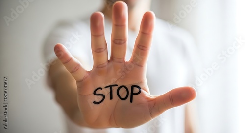A person showing a stop sign with their hand in a white shirt indoors