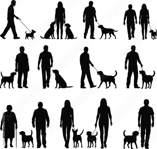 People with dogs silhouette interaction walking pet companionship diversity black icon lifestyle outdoor activity animal bond illustration flat vector