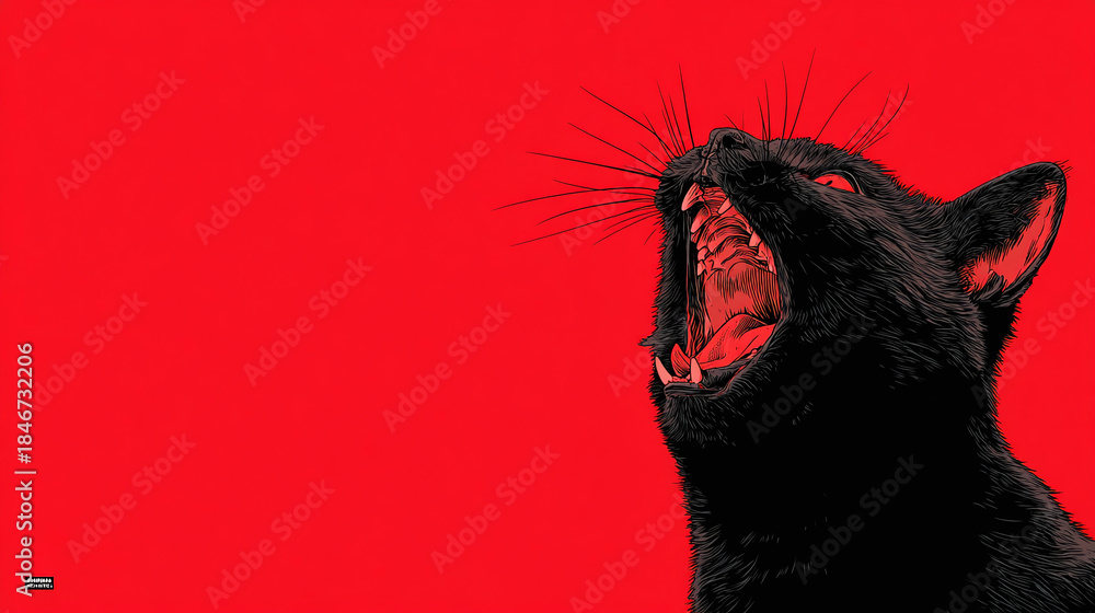 Naklejka premium A black cat's fierce roar against a crimson backdrop, with intense red eyes