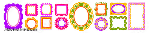 Cartoon cute frames, hand drawn doodle kids borders, colorful trendy childish ornamental decor print. Birthday holiday funky wavy poster, empty edge box, groovy playful graphic. Cartoon crayon frame