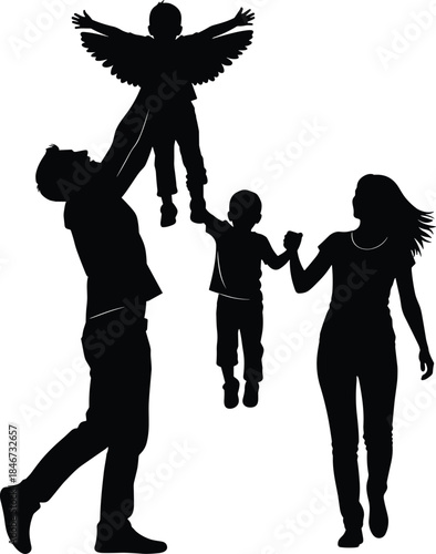 Family silhouette joyful interaction flying child wings imagination parenting love bonding black illustration playful moment connection scene flat vector