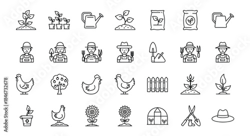 Collection of gardening and farming icons depicting various aspects of agriculture and cultivation isolated on