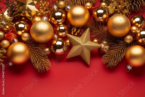 Merry Christmas festive greeting card with ornaments and gift boxes on red background, winter holiday flat lay top view