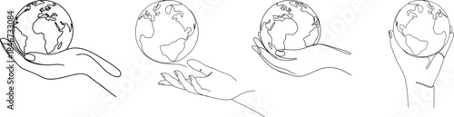 Collection of human hand gently holding a globe representing Earth Outline collection, Hands Holding World, vector outline design. 