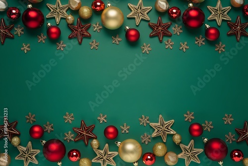 christmas background with red balls Holiday Christmas greeting frame with gifts and ornaments on green background, festive winter flat lay top view