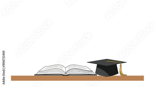 Open book and graduation cap symbolize academic achievement and the pursuit of knowledge, representing education and future success.
