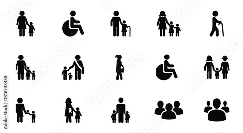 A collection of family and people icons, representing various demographics and relationships isolated on