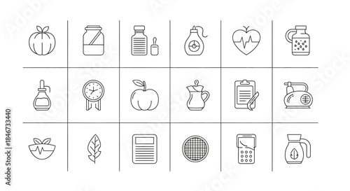 A collection of health and wellness icons, representing various aspects of medicine and nutrition isolated on