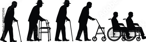 Elderly mobility decline silhouette cane walker wheelchair aging support assistance caregiving health black illustration independence loss flat vector