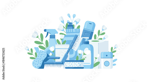 Assortment of blue cleaning supplies and floral arrangements creates a fresh and tidy home aesthetic.