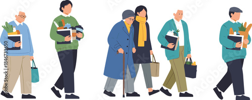 Diverse group of people walking with groceries, showcasing community, self-sufficiency, urban lifestyle, food shopping, and everyday life illustration.