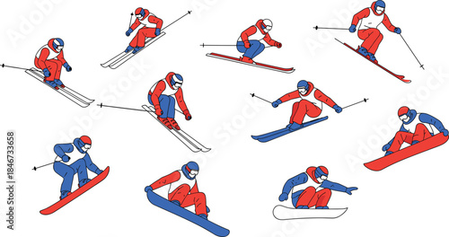 Winter sports athletes skiing and snowboarding in dynamic action poses, showcasing energy, motion, and seasonal outdoor adventure in stylized vector art.