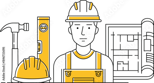 Construction worker with tools, safety gear, and architectural blueprints representing building industry planning, labor, engineering, and site preparation.
