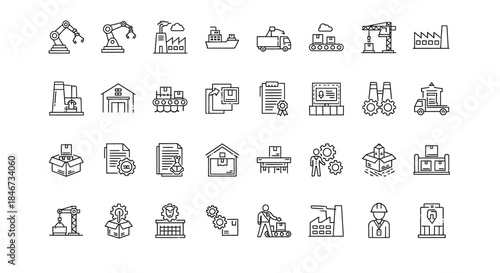 Collection of industry and manufacturing icons isolated on contains factory, warehouse, construction, and production symbols