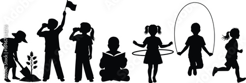 Children silhouette outdoor activity play learning movement exercise fun interaction dynamic pose black illustration energy childhood scene flat vector