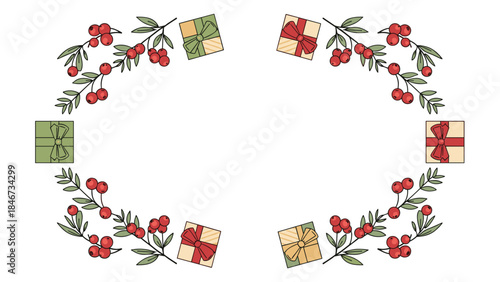 Festive holiday frame features gifts and berry branches creating a cheerful seasonal border for cards or invitations.