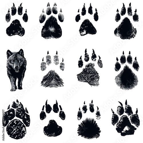 Collection of black wolf paw prints and animal tracks.