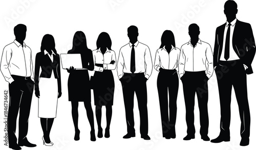 Business team silhouette diverse professionals corporate attire standing group collaboration workforce black illustration office people flat vector