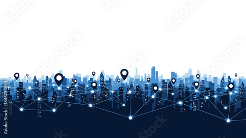 Connected city skyline illustrates the network of modern urban life and technological infrastructure with location pins.