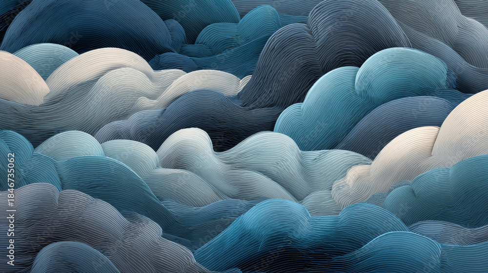 Fototapeta premium Abstract cloud-like shapes in various shades of blue creating a textured landscape. The scene evokes a sense of depth and tranquility. 