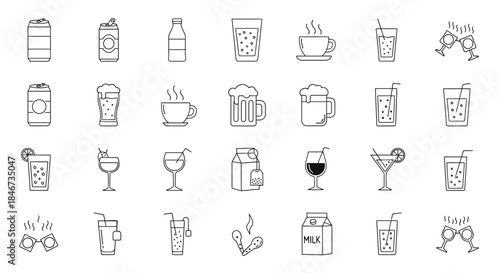 Collection of various handdrawn beverage icons isolated on, including soda, beer, coffee, juice, milk, and cocktails