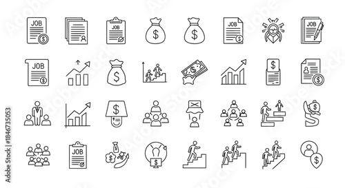Collection of various handdrawn job and money icons isolated on, including job search, salary, and career growth