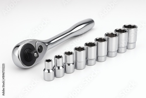 Ratchet Wrench Socket Set Isolated on White Background, Photorealistic 3D Render with Metal Shine