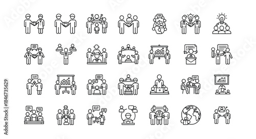 Business meeting and teamwork, collaboration and partnership, negotiation and agreement isolated on outline icon set