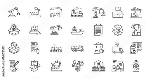 Manufacturing and industry, factory and production, logistics and delivery isolated on thin line icon set linear vector