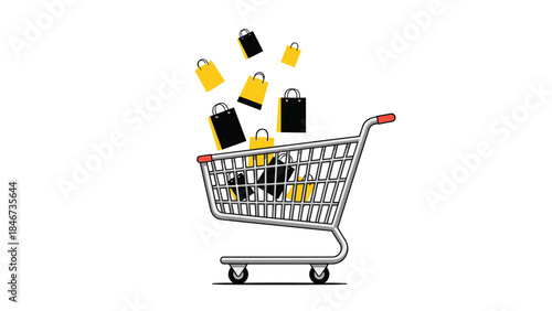 Overflowing shopping cart with black and yellow bags suggests a successful shopping spree and consumerism.