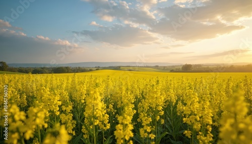 Vast yellow canola field blooms under soft spring sky. Golden hour light bathes landscape with warm tones. Gentle hills, trees form distant horizon line. Blooming crop creates vibrant natural carpet.