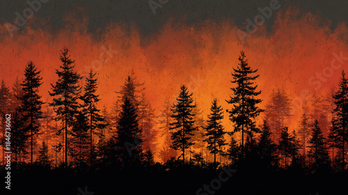 Forest fire with ominous red sky, silhouette of the trees, a powerful depiction of nature's destructive force.
