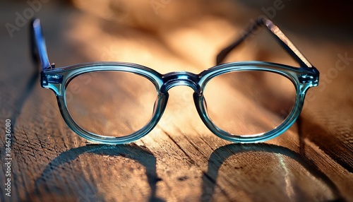close up of clear eyeglasses with blue temples resting on a textured wooden surface with warm ambient background lighting