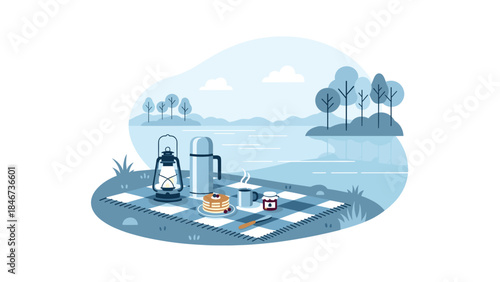 Peaceful lakeside breakfast scene with pancakes, coffee, and a lantern creates a cozy outdoor moment for relaxation and enjoyment.