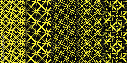 A collection of intricate yellow patterns on a black background, showcasing unique designs and textures.