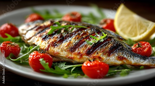 Gourmet grilled whole dorade fish served on a white plate with cherry tomatoes, fresh arugula and a lemon wedge in professional style.