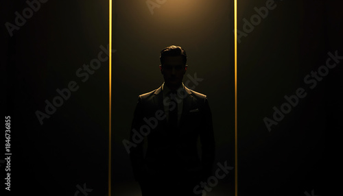 Silhouette of a Man Standing in a Doorway with Dramatic Light and Shadow, Concept of Mystery, Decision, and Opportunity