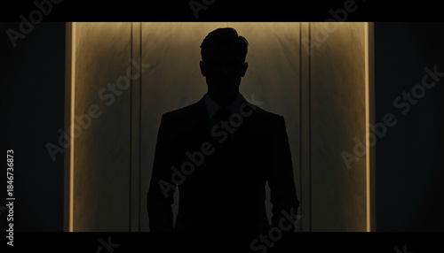 Silhouette of a Man Standing in a Doorway with Dramatic Light and Shadow, Concept of Mystery, Decision, and Opportunity