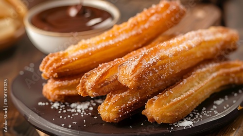 A plate of churros sprinkled with sugar next to a bowl of chocolate dipping sauce on a wooden table