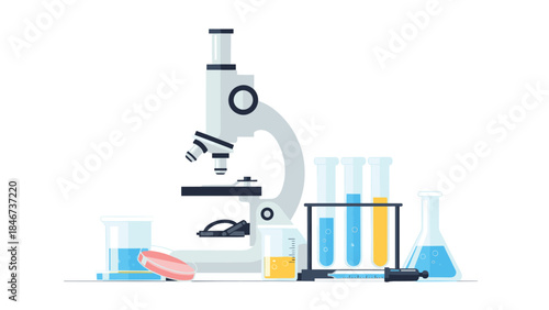 Scientific research equipment including a microscope, beakers, test tubes, and petri dish are arranged for laboratory analysis.