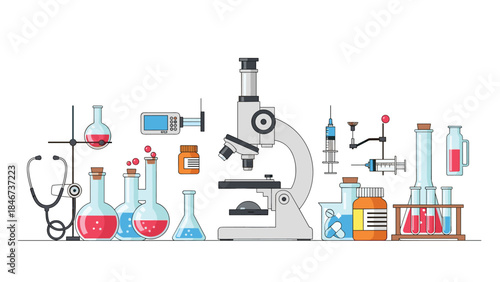 A colorful illustration depicts various laboratory equipment including beakers, flasks, a microscope, and medical tools for scientific research.